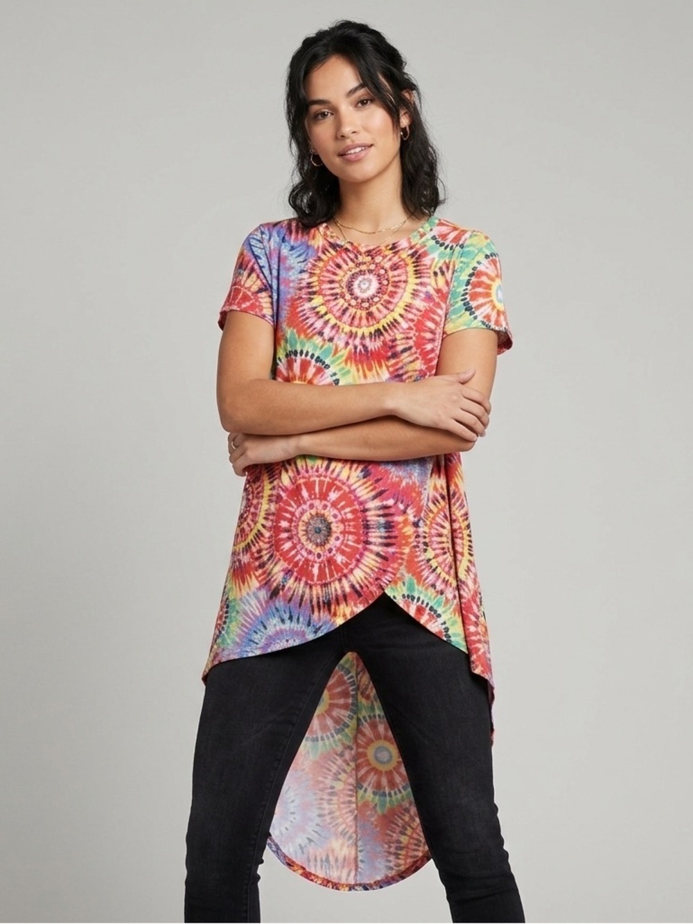 Ashley Blue Tie Dye High Low Tunic Top XL Colorful Boho Short Sleeve